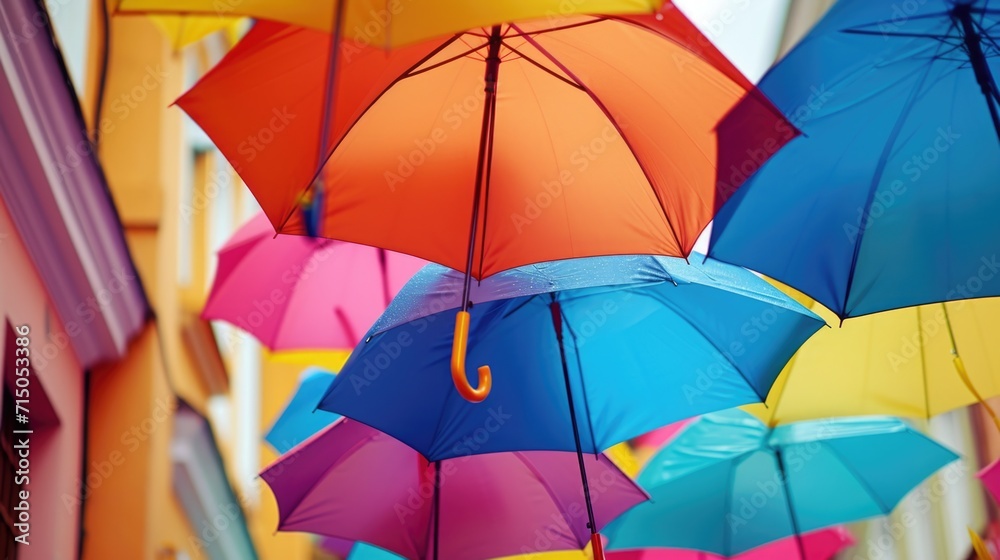 Poster Colorful umbrellas hanging from the side of a building. Great for adding a pop of color and vibrancy to any urban scene