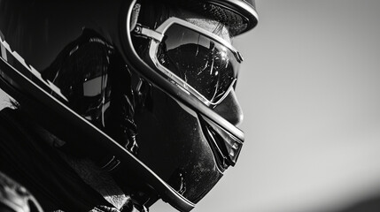 A close-up of a stylish biker donning a vintage helmet, the visor reflecting the open road ahead. The black-and-white composition adds a timeless quality to the brutal and stylish