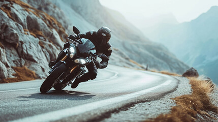 A stylish biker navigating through a winding mountain road, their motorcycle leaning into a sharp turn. The breathtaking scenery and the sleek silhouette against the rugged terrain