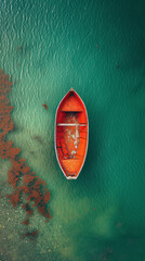Red boat on clear green waters with underwater vegetation. Aerial photography for travel and exploration concept with design space
