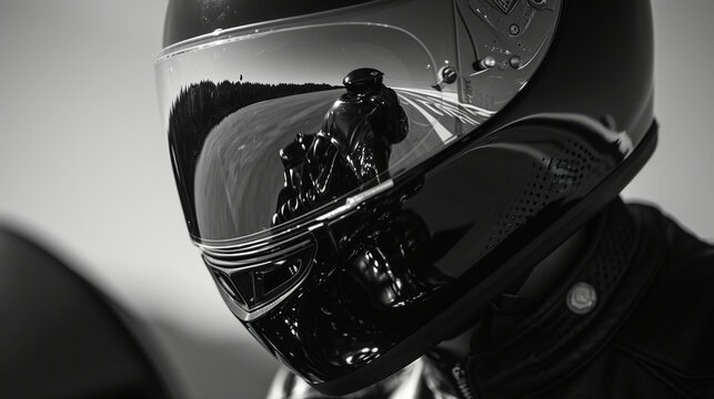 A close-up of a stylish biker donning a vintage helmet, the visor reflecting the open road ahead. The black-and-white composition adds a timeless quality to the brutal and stylish