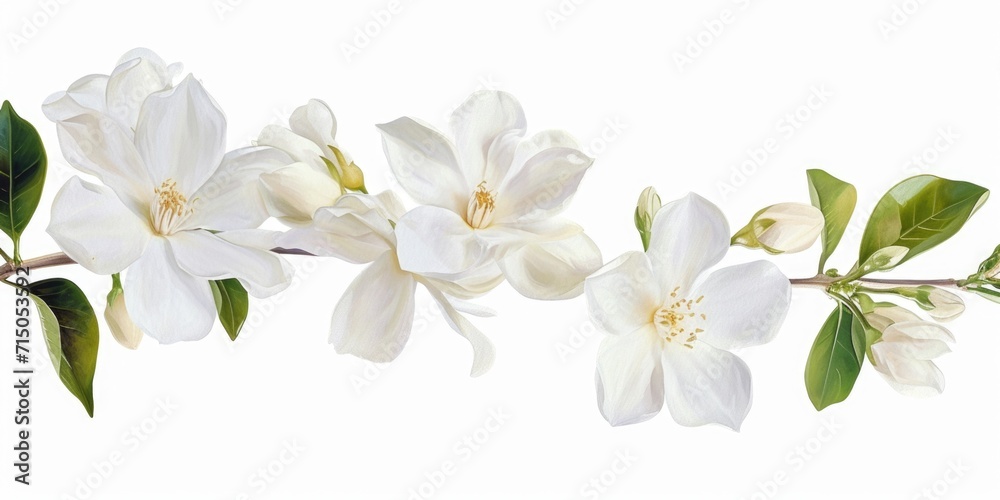 Poster a branch of white flowers with green leaves. can be used to add a touch of elegance to any design
