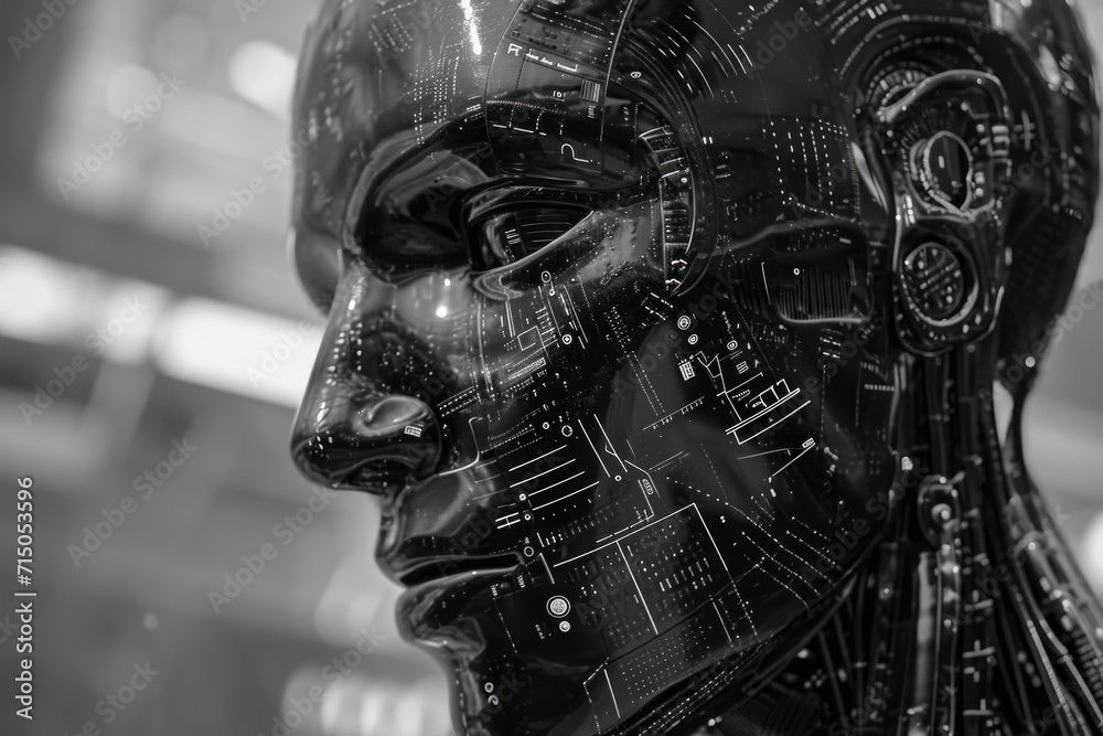 Poster a black and white photo of a robot's head. suitable for technology-related projects and futuristic t