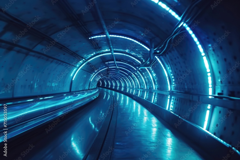 Poster an escalator going through a tunnel illuminated with blue lights. perfect for futuristic or modern-t