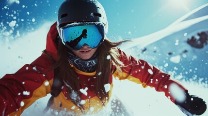 A woman is pictured skiing down a mountain, wearing a helmet and goggles. This image can be used to depict outdoor sports and adventure activities