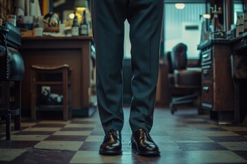 A professional man dressed in a suit and tie standing inside a barber shop. This image can be used to portray a businessman getting a haircut or a professional environment