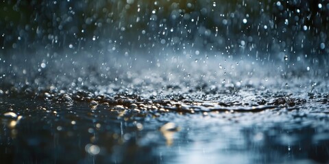 Rain shower captured in a close-up shot, showcasing the water droplets on a wet surface. Perfect for illustrating weather conditions or adding a refreshing touch to any design - obrazy, fototapety, plakaty