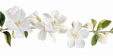 A branch of white flowers with green leaves. Can be used to add a touch of elegance to any design