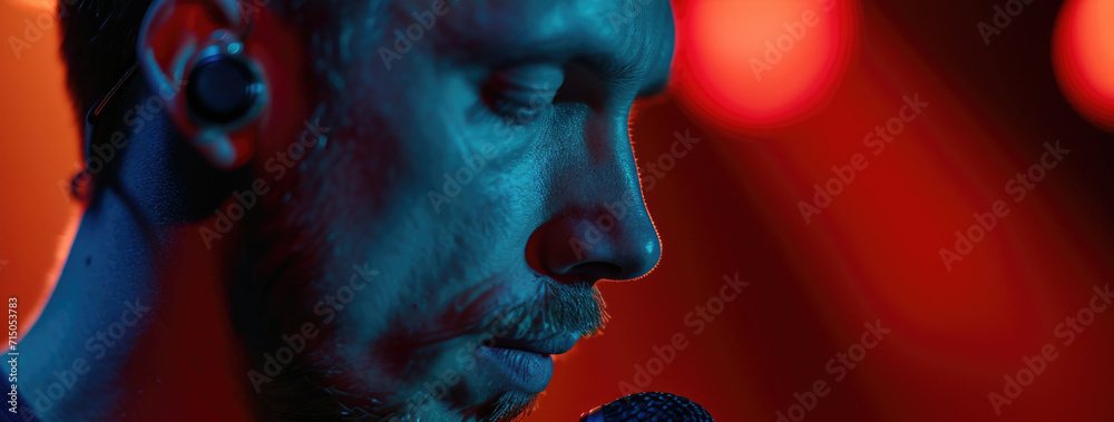 Aufkleber A man is holding a microphone in front of a red light. This image can be used for various purposes