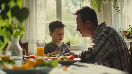 Naklejka premium A man is sitting at a table with a child. This image can be used to depict a father spending quality time with his child