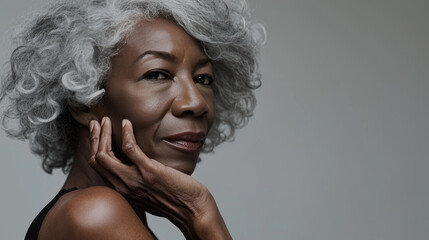Mature woman with long silver hair poses thoughtfully with her hand on her cheek