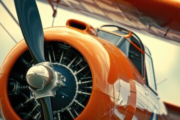 A close up view of a propeller on a plane. This image can be used to showcase the details and mechanics of a plane propeller.