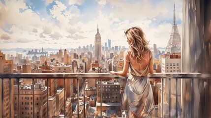 Young woman looking over New York City watercolor illustration  - obrazy, fototapety, plakaty