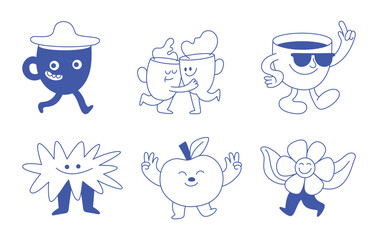 Vector logo design template and graphic elements for advertising, branding, posters and banners, funny cartoon illustrations with smiling character, coffee cup mascot, print and sticker