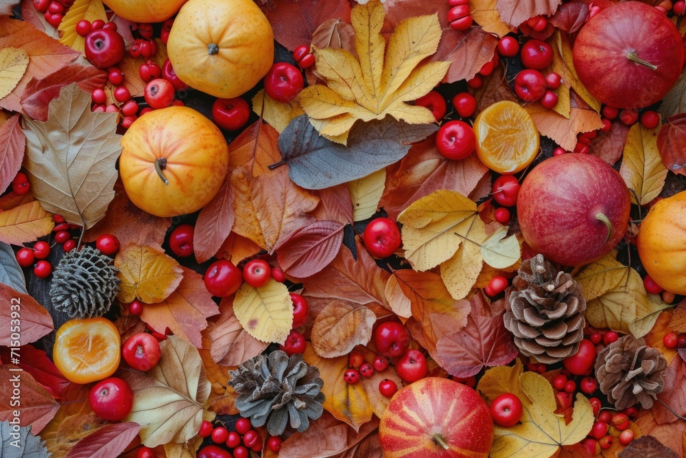 Poster various fruits and leaves arranged on a table. perfect for showcasing a bountiful harvest or adding 