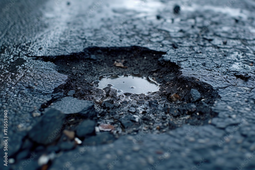 Poster a picture of a pot hole in the middle of a road. can be used to illustrate road conditions or infras