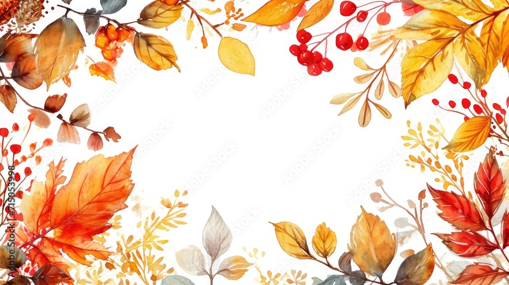 Poster beautiful watercolor painting of autumn leaves and berries. perfect for adding a touch of nature and