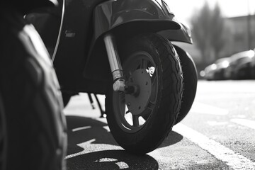 Naklejka premium A black and white photo of a motor scooter. Suitable for various uses
