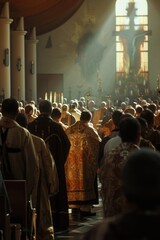 A large group of people standing inside a church. Suitable for religious events and gatherings