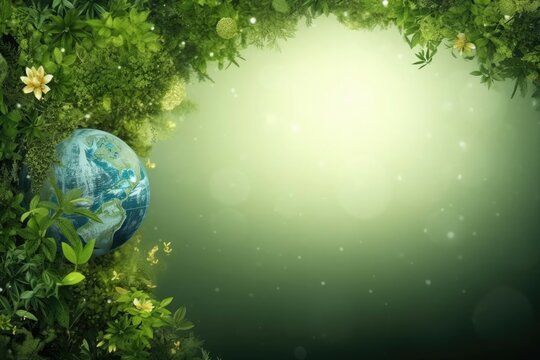 Planet on green background, background on ecology theme with space for text, ecology elements: green grass, clean planet, clean air, green background