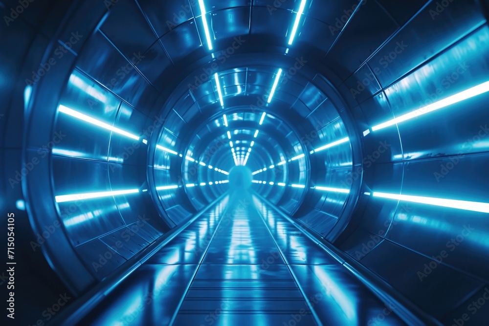 Poster A mesmerizing tunnel illuminated by vibrant blue lights. Perfect for creating a futuristic and mysterious atmosphere