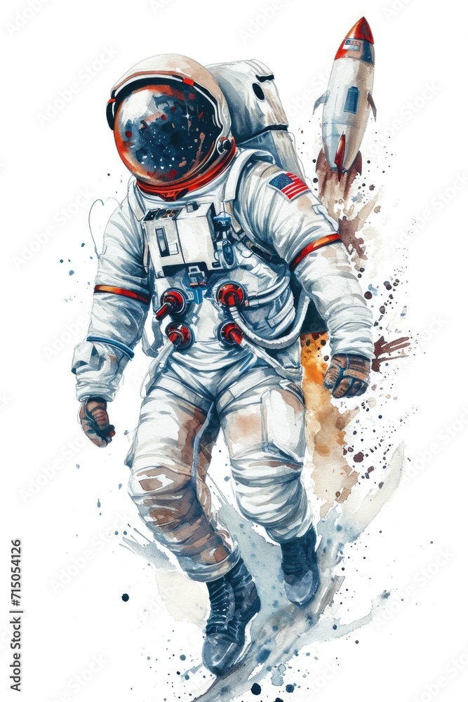 Poster colorful watercolor painting depicting an astronaut standing next to a rocket. perfect for space ent