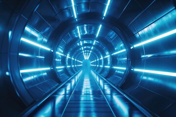 A mesmerizing tunnel illuminated by vibrant blue lights. Perfect for creating a futuristic and mysterious atmosphere