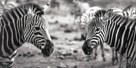 Fototapeta na wymiar A herd of zebras standing together on a field. Suitable for nature and wildlife themes
