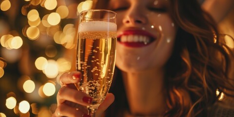 A woman elegantly holds a glass of champagne in front of a beautifully decorated Christmas tree. This festive image can be used to celebrate the holiday season in style