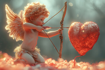 cupido en forma de bello muñeco de dibujos animados, pelirrojo con alas y arco con flecha apuntando a un corazón rojo, sobre fondo nevando desenfocado bokeh - obrazy, fototapety, plakaty