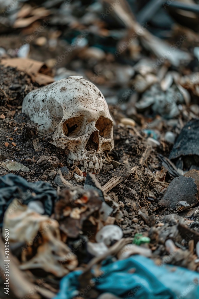 Poster A skull sitting on top of a pile of trash. Suitable for illustrating themes of decay and waste