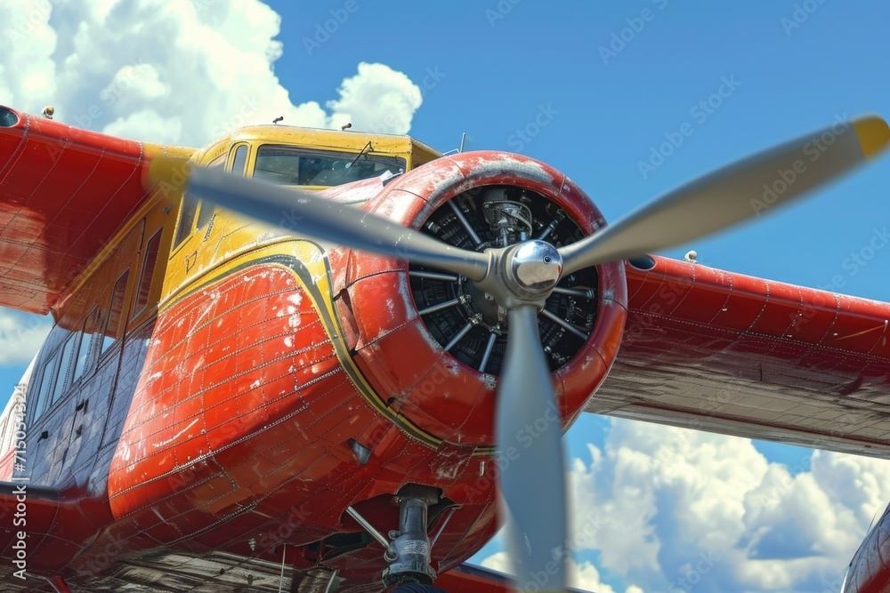 Poster a detailed close-up shot of the propeller on a small plane. perfect for aviation enthusiasts and tra