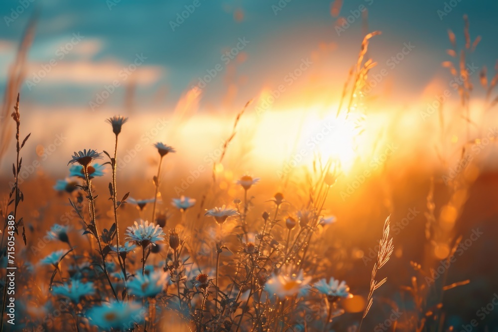 Poster a beautiful field of wildflowers with the sun setting in the background. perfect for nature enthusia