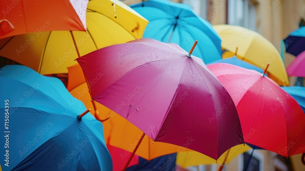 Aufkleber Colorful umbrellas hanging from the side of a building. Perfect for adding a pop of color to any urban scene