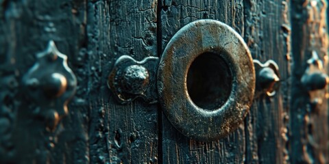 A detailed view of a metal ring attached to a wooden door. This image can be used to depict security, entrance, or access