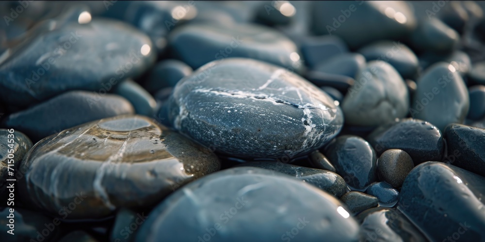 Poster a close-up view of rocks and water on a beach. this image can be used for various purposes, such as 