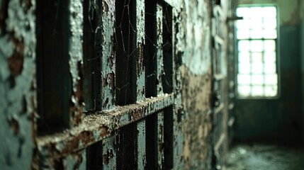 A jail cell door with a window in the background. This image can be used to depict incarceration, imprisonment, or the justice system