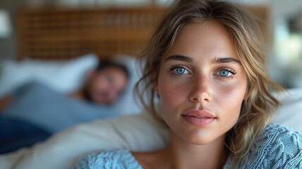 A picture of a woman with a very uncomfortable expression on her face. while her husband was snoring loudly in the background generative ai