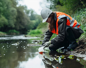 Environmental engineer in safety vest taking water sample from river. Eco-monitoring and conservation of natural water resources concept
 - obrazy, fototapety, plakaty