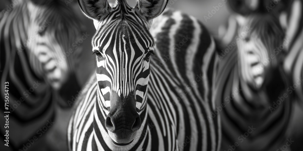 Poster a group of zebras standing next to each other. perfect for nature and wildlife enthusiasts