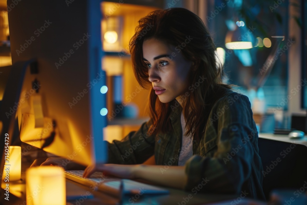 Aufkleber A woman is sitting in front of a computer on a desk. This image can be used to illustrate concepts related to work, technology, or office environment