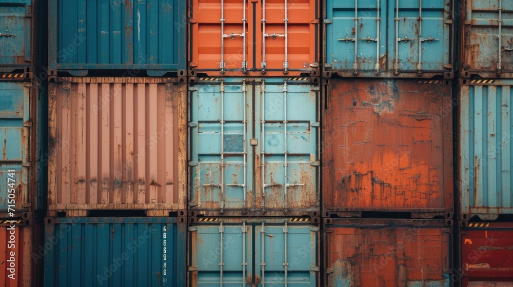 Poster A collection of containers stacked on top of each other. This versatile image can be used to represent logistics, shipping, storage, or industrial concepts