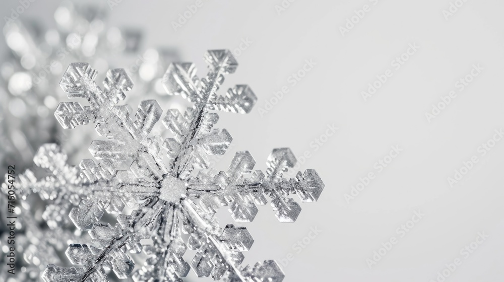 Poster a close-up view of a snowflake on a white background. perfect for winter-themed projects and holiday