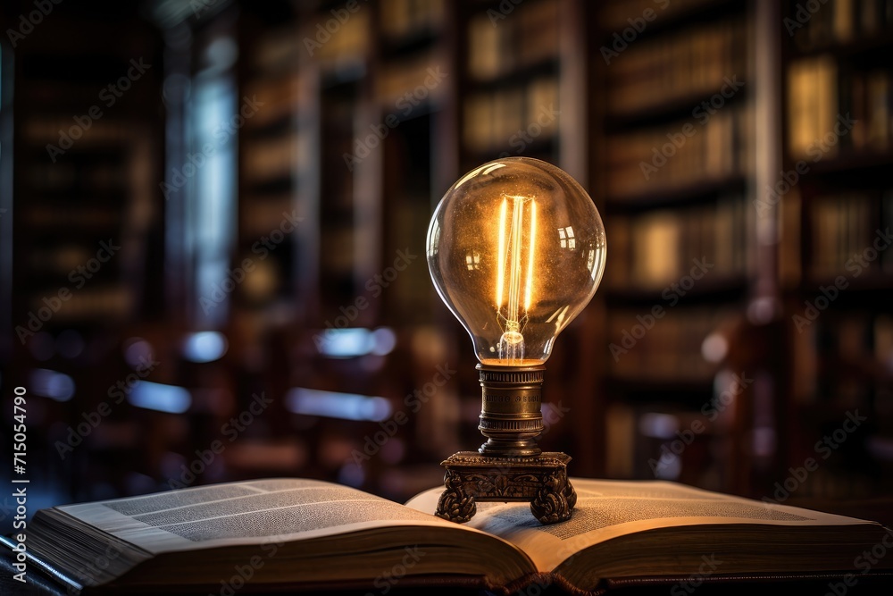 Aufkleber a glowing light bulb in book of library, bookshelf lighting to emphasize the glow within the bulb