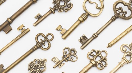 A collection of antique keys displayed on a clean white surface. Perfect for designs related to vintage, history, security, or unlocking possibilities