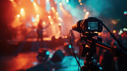 A camera on a tripod positioned in front of a stage. Perfect for capturing live performances or...