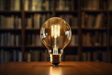 A glowing light bulb in book of library, bookshelf lighting to emphasize the glow within the bulb