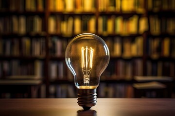 A glowing light bulb in book of library, bookshelf lighting to emphasize the glow within the bulb