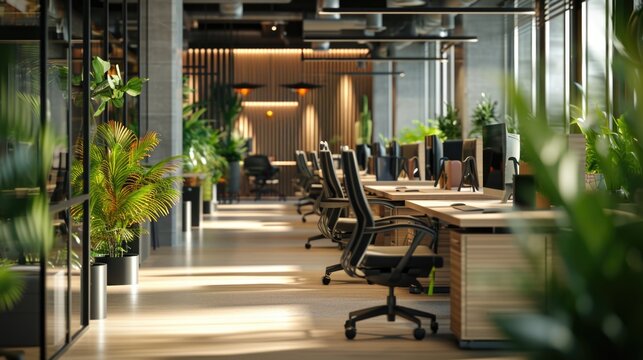An office setting with multiple desks and vibrant plants. Suitable for business, workspace, or office-themed designs