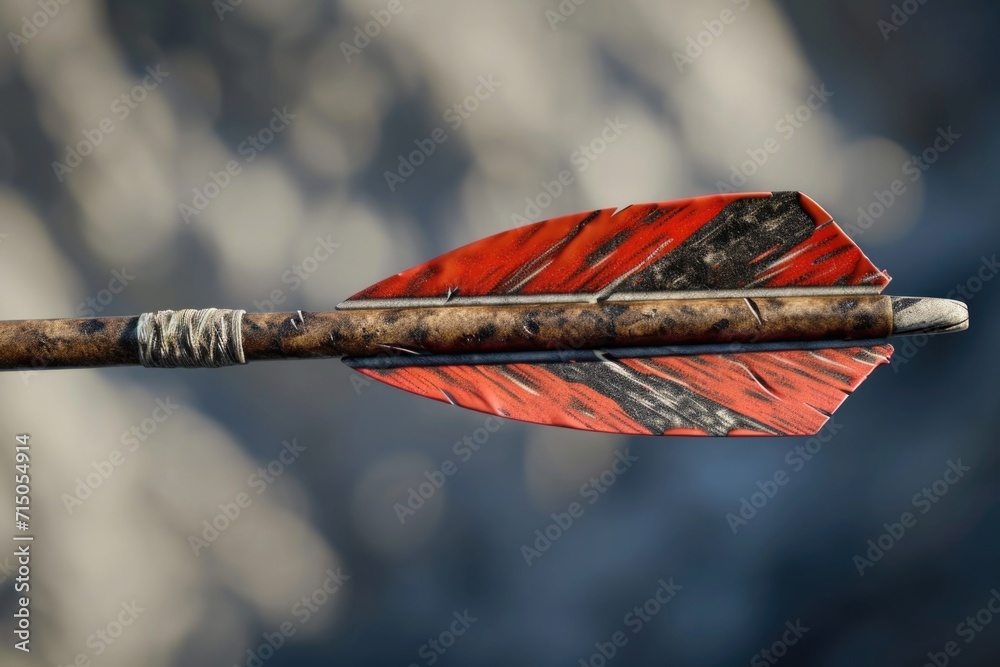 Poster a detailed close-up of an arrow attached to a stick. can be used to depict direction, guidance, or t